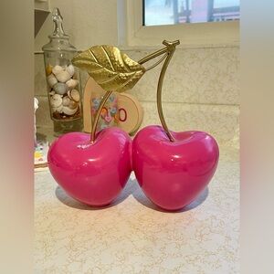 VALENTINES DAY GIRLY HOME DECOR PINK HEART CHERRY GOLD STEM FIGURINE RARE!